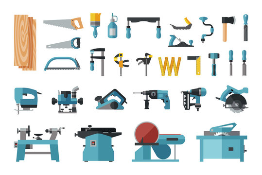 Set of carpentry tools. Big flat icon collection of hand tools and power electric machines for carpenters. Set of master tools for wood.