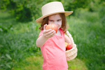 child holds a red Apple in his hand.