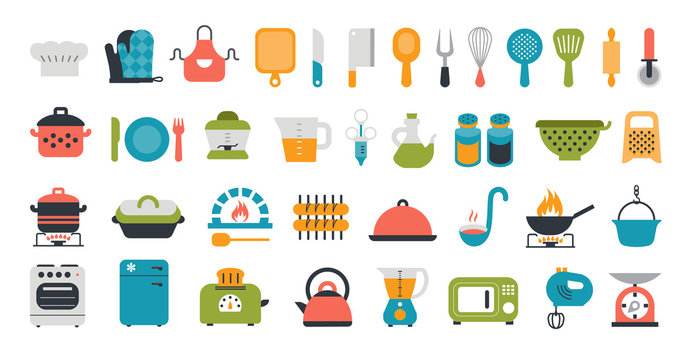 Set of kitchen tools flat icons. Cooking and preparing meals. Various kitchen items.