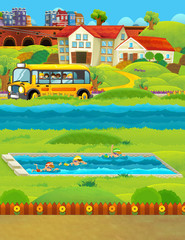 cartoon scene with kids swimming in a pool and other watching from school bus - illustration for children