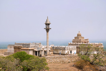 General view of Chandragiri hill temple complex, Sravanabelgola, Karnataka. From left -...