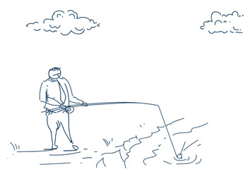 businessman fishing rod strategy success concept, business man white background sketch doodle vector illustration