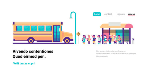 yellow bus station back to school pupils transport concept on cityscape mix race group background flat copy space horizontal vector illustration