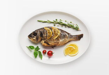 Whole grilled dorado on plate, isolated