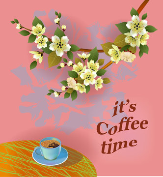 Banner spring leaves blooming cherry blossom. Coffee on the table in the spring. Time to drink coffee.