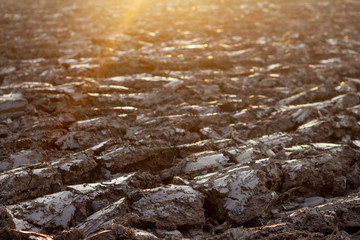 A plowed field with strips of clay at sunset