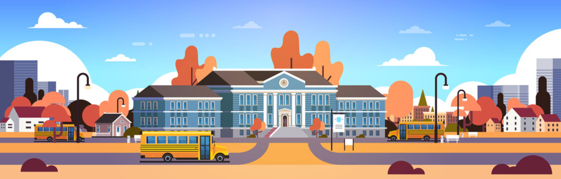 yellow bus in front of autumn school building yard pupils transport concept 1 september cityscape background banner flat vector illustration