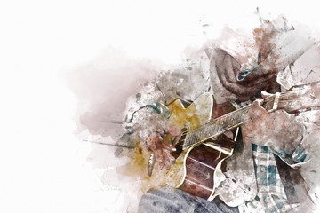 Abstract beautiful homeless man playing Guitar in the foreground on Watercolor painting background and Digital illustration brush to art.