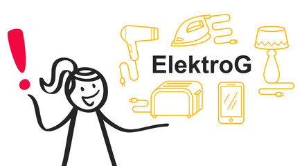 ElektroG, Elektrogeräte Gesetz, Strichmännchen, Frau mit Ausrufezeichen und Icons