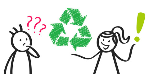 Recycling Logo, Verpackung, Strichmännchen, Frau erklärt fragendem Mann Verpackungsgesetz, VerpackG und Umweltschutz