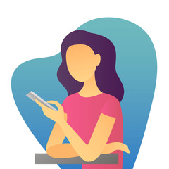 The vector illustration of young cartoon girl writing message on her mobile phone for ui, web games, tablets