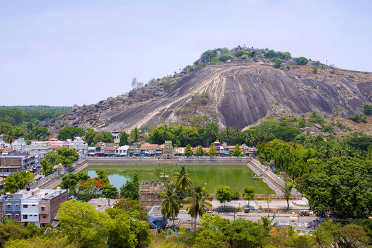 General view of Vindhyagiri hill temple complex, Sravanabelgola, Karnataka. View from Chandragiri hill. Large Belgola, white pond, is also seen.