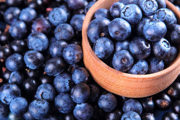 Fresh, large blueberry in a wooden bowl close-up on a blue wooden background.