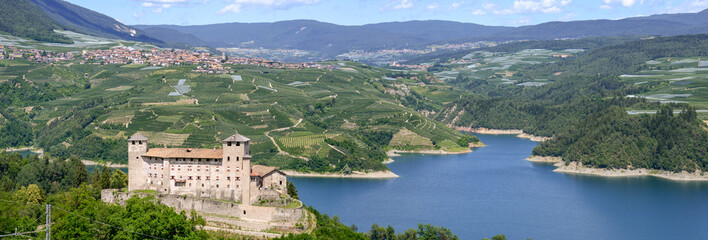 View at Cles Castle and lake of Santa Giustina - obrazy, fototapety, plakaty