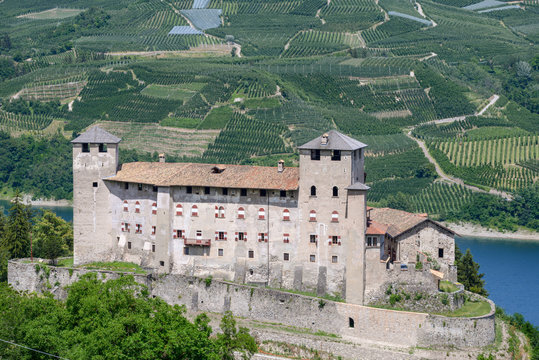 View at Cles Castle and lake of Santa Giustina