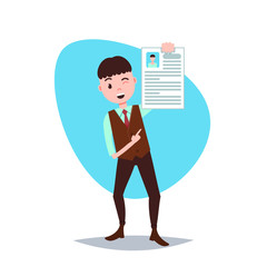 happy cv man holding personnel resume concept template for design work or animation over white background full length flat vector illustration
