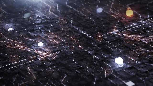 Digital background with neon circuit and cube