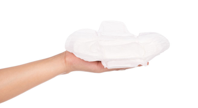 holding menstrual pad isolated on white background