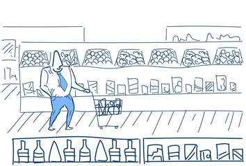 businessman shopping cart supermarket interior concept on white background sketch doodle vector illustration