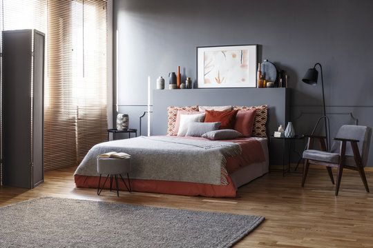 Grey spacious bedroom interior