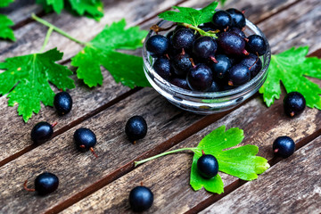 Ripe blackcurrant in glass bowl close