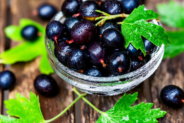 Ripe blackcurrant in glass bowl close