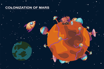 Vector cartoon mars colonization concept. Red planet in space, cosmos with colony buildings for terraforming. Different bases with spaceships. Futuristic technology, sci-fi construction, exploration © vectorpocket