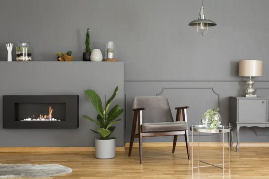 Real photo of a grey armchair standing in a modern, simple living room interior between a bio fireplace and plant, and table with lamp