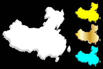 3D map of China (People's Republic of China, PRC) - white, yellow, blue and gold - vector illustration