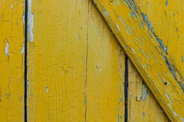 Background of old wooden boards with cracked yellow paint.