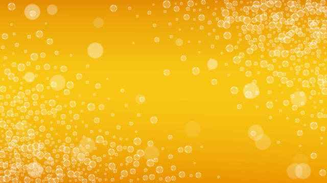 Beer background with realistic bubbles.  Cool liquid drink for pub and bar menu design, banners and flyers.  Yellow horizontal beer background with white foam. Cold glass of ale for brewery design.