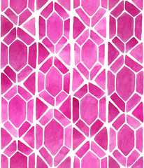 Watercolor mosaic background with diamonds and triangles in pink. Stained glass imitation. Hand painted seamless geometric pattern