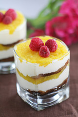 Tiramisu in a glass with mango