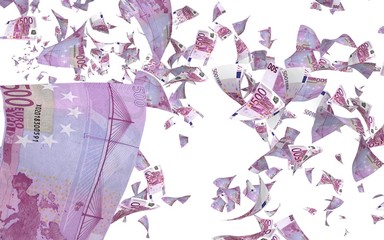 Flying euro banknotes isolated on a white background. Money is flying in the air. 500 EURO in color. 3D illustration