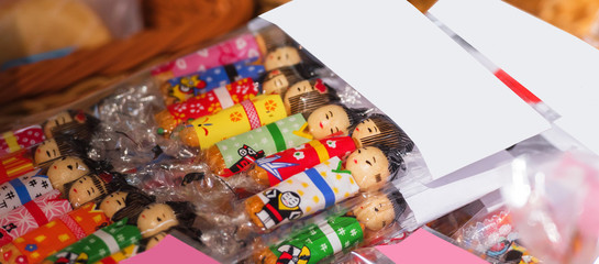 Japanese wooden dolls in the store, Tokyo, Japan. Close-up.