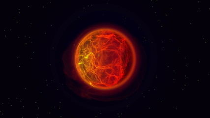 Fire planet in outer space. Burning sun with solar flares and energy charges. Rotating, ball...