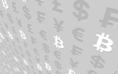 Bitcoin and currency on a gray background. Digital Cryptocurrency symbol. Business concept. Market Display. 3D illustration