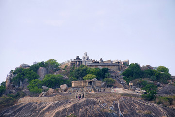 General view of Vindhyagiri hill temple complex, Sravanabelgola, Karnataka. View from Chandragiri hill. Large Belgola, white pond, is also seen.