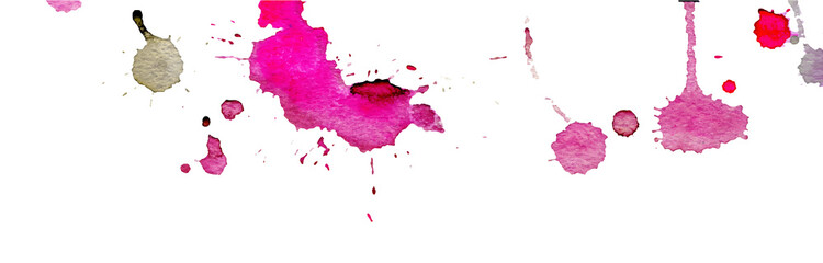 Bright pink and purple watercolor splashes and blots on white background. Ink painting. Hand drawn illustration. Abstract watercolor artwork.