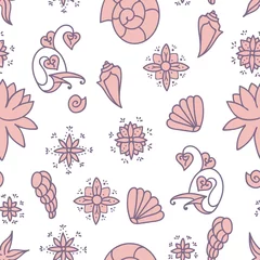 Fotobehang Sea life. Seamless underwater pattern. Hand drawn vector illustration. Seashells and doodle elements. Pale pink drawing isolated on white background. © sshisshka