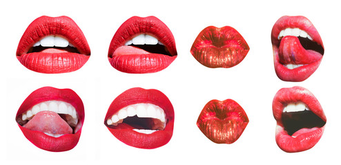 Mouth Icon. Sexy female lips with red lipstick isolated on white. White teeth, tongue of beautiful young women. Seductive lady mouth open, red lips. Different sensual forms of woman lips set - obrazy, fototapety, plakaty