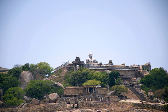 General view of Vindhyagiri hill temple complex, Sravanabelgola, Karnataka. View from Chandragiri hill. Odegal basadi is also crearly seen.