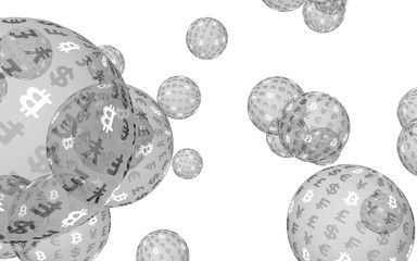 Bitcoin economic financial bubble. Cryptocurrency 3D illustration. Digital white background. Business concept.