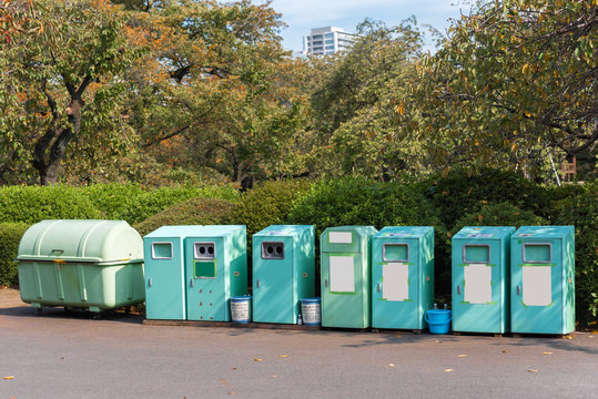Garbage bins on the city street, Tokyo, Japan. Frame for text. Copy space for text.