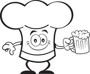 Black and white illustration of a chef hat holding a beer.