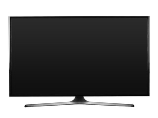 Flat screen television with tv stand isolated on white background. Clipping path for design.