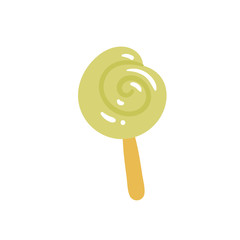 Spiral lollipop cartoon icon. Sweet candy illustration for cards, web-design, poster, etc. Glossy green lolly with mint flavor on orange wooden stick.