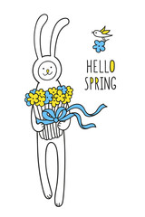 Hello spring greeting card. Little bunny rabbit with a bunch of  wildflowers.