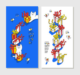Happy bird day. Set of two birthday greeting cards.