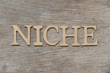 Alphabet letter in word niche on wood background